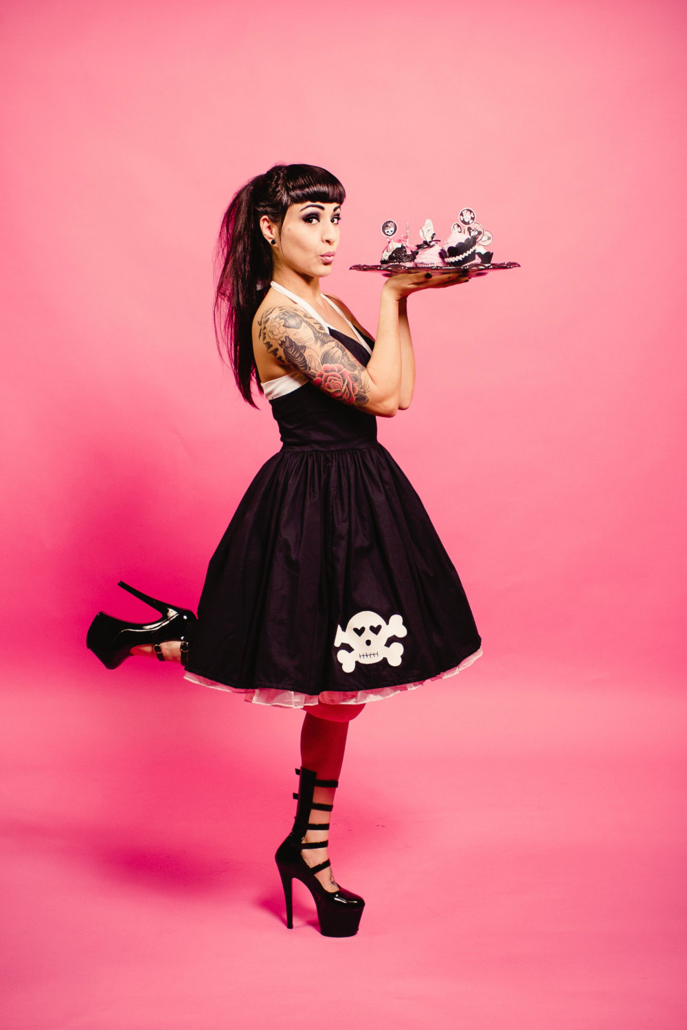 Gothic Skull Black Halter Swing Dress Retro Rockabilly Gothabilly Punk